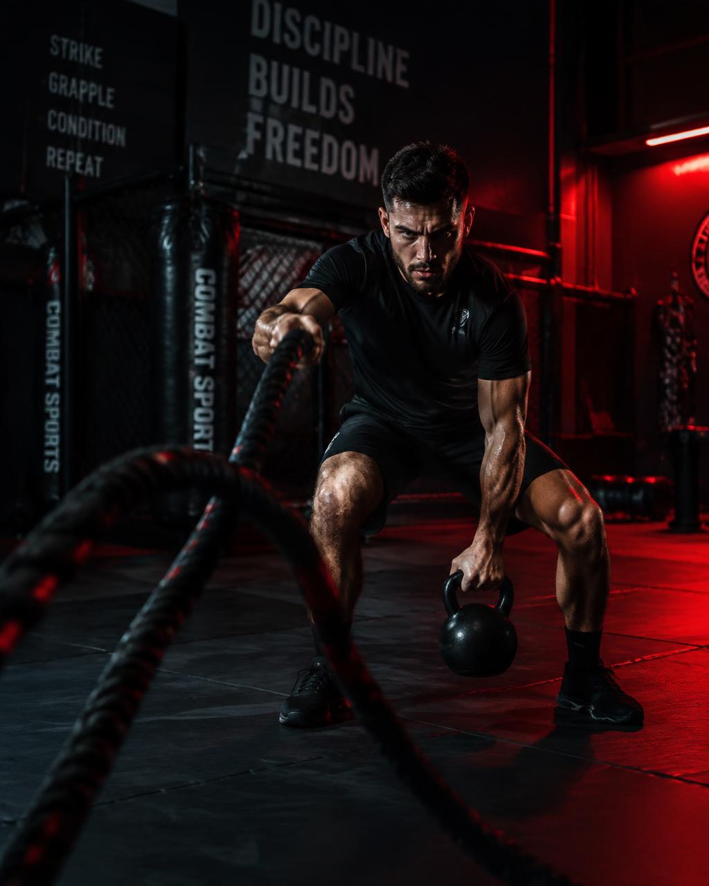 Atleta durante un allenamento di preparazione atletica marziale con corde e kettlebell