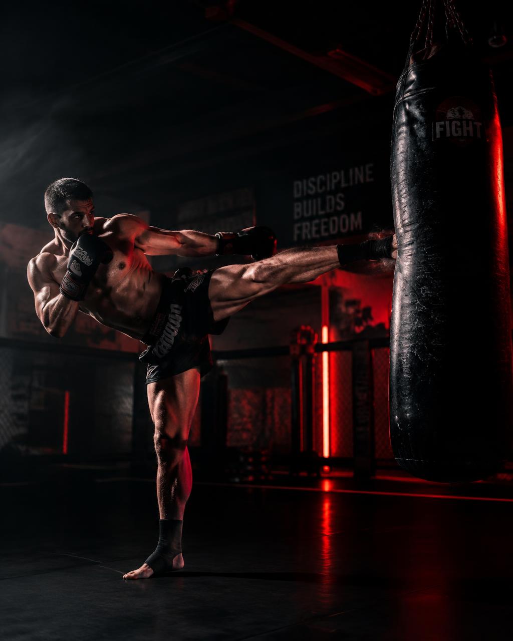 Atleta di kickboxing che calcia al sacco nella palestra Bellatorum Gym a Formello