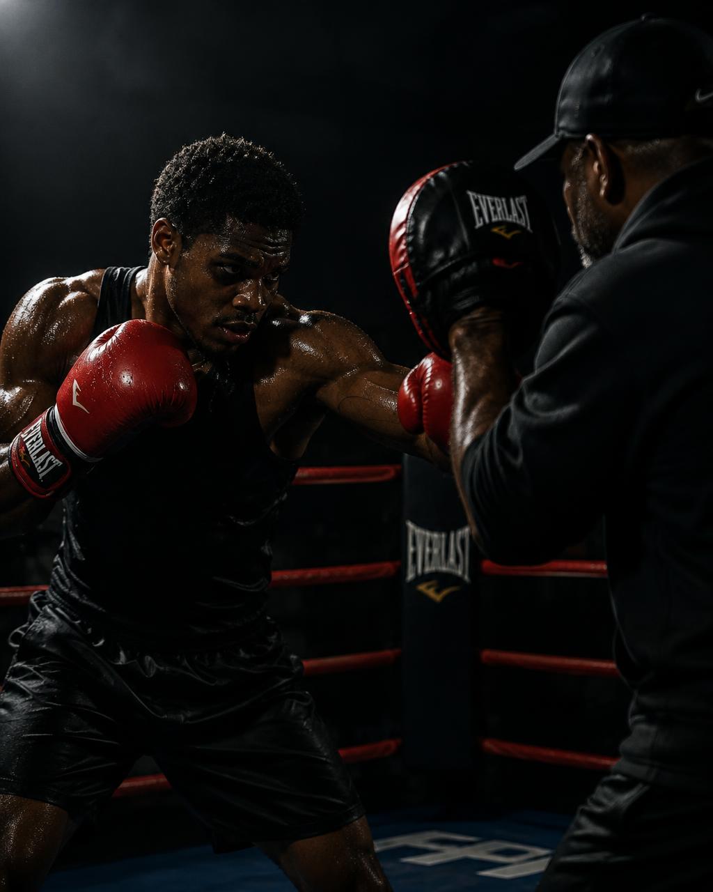 Pugile con guantoni rossi che colpisce i colpitori del maestro sul ring
